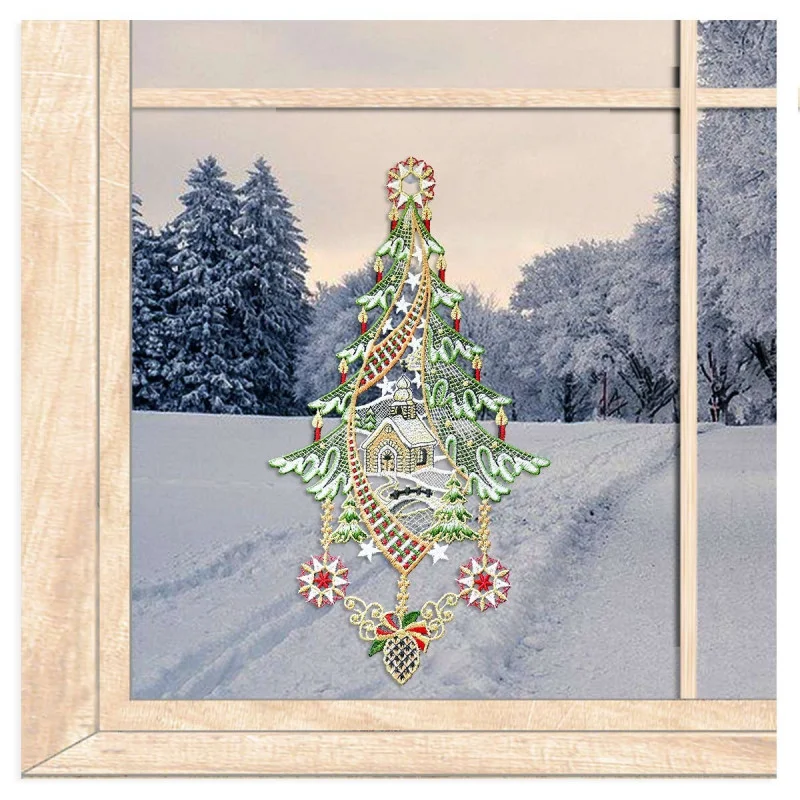 Plauener Spitze-Fensterbild Baum mit Kapelle