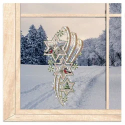 Fensterbild Drei Sterne mit Kirche und Vögelchen aus Plauener Spitze