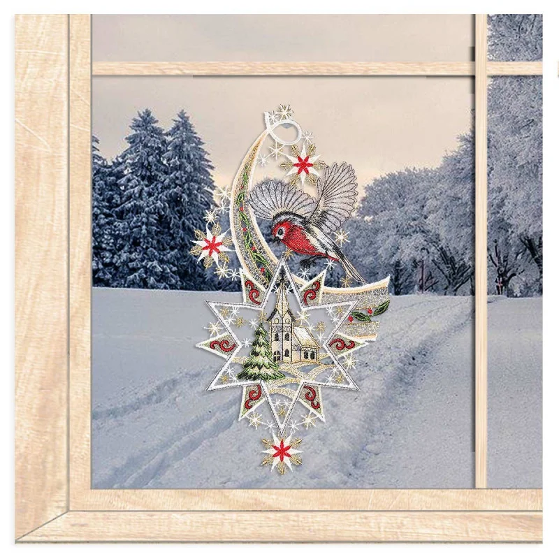 Fensterbild Stern mit Vögelchen aus Plauener Spitze
