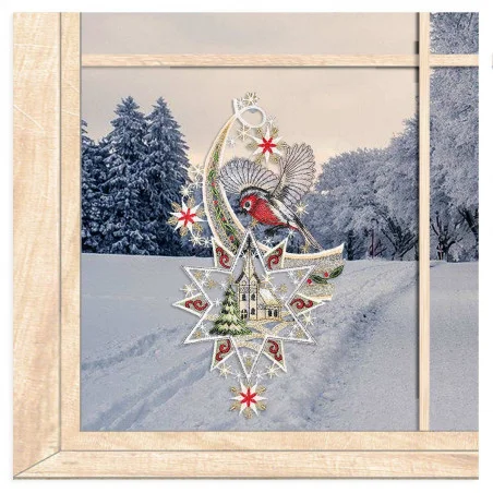 Fensterbild Stern mit Vögelchen aus Plauener Spitze
