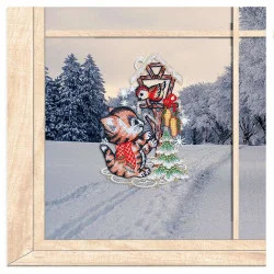 Plauener Spitzen-Fensterbild Kätzchen am Vogelhaus