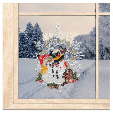 Winter-Fensterbild Schneemannpärchen aus Plauener Spitze