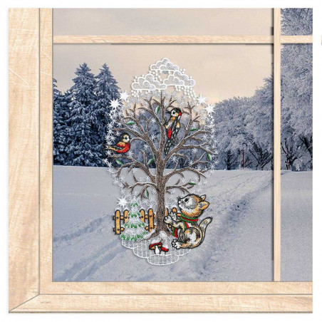 Spitzen-Fensterbild Winterbaum mit Kätzchen in silber Spitzen-Fensterbild Winterbaum mit Kätzchen in silber