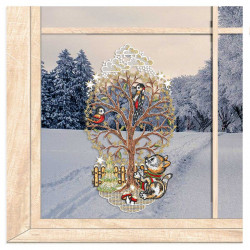 Fensterbild Winterbaum mit Kätzchen in gold aus Plauener Spitze