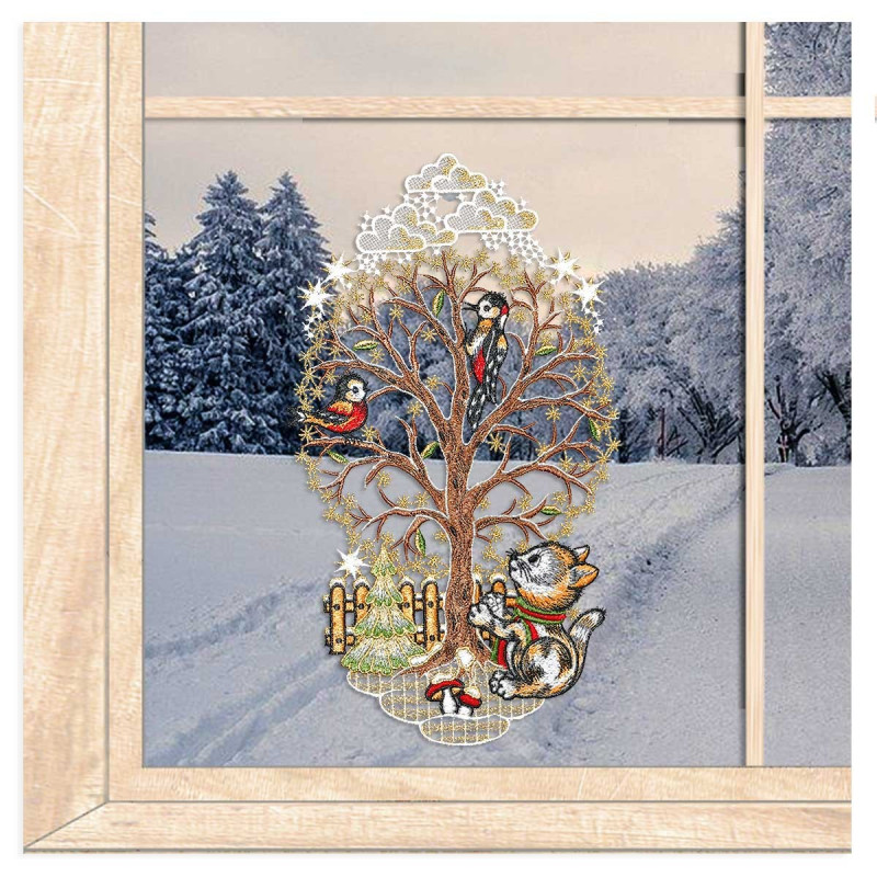 Fensterbild Winterbaum mit Kätzchen in gold aus Plauener Spitze