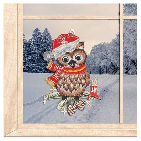 Fensterbild Weihnachtseule aus Plauener Spitze