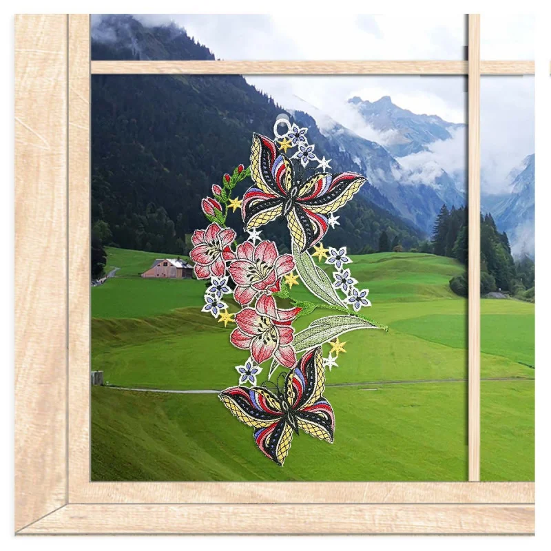 Spitzen-Fensterbild Schmetterlinge mit Freesien