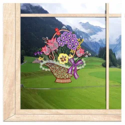 Fensterbild Großer Blumenkorb aus Plauener Spitze