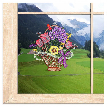 Fensterbild Großer Blumenkorb aus Plauener Spitze