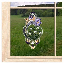 Fensterbild Krokus mit Schneeglöckchen aus Plauener Spitze