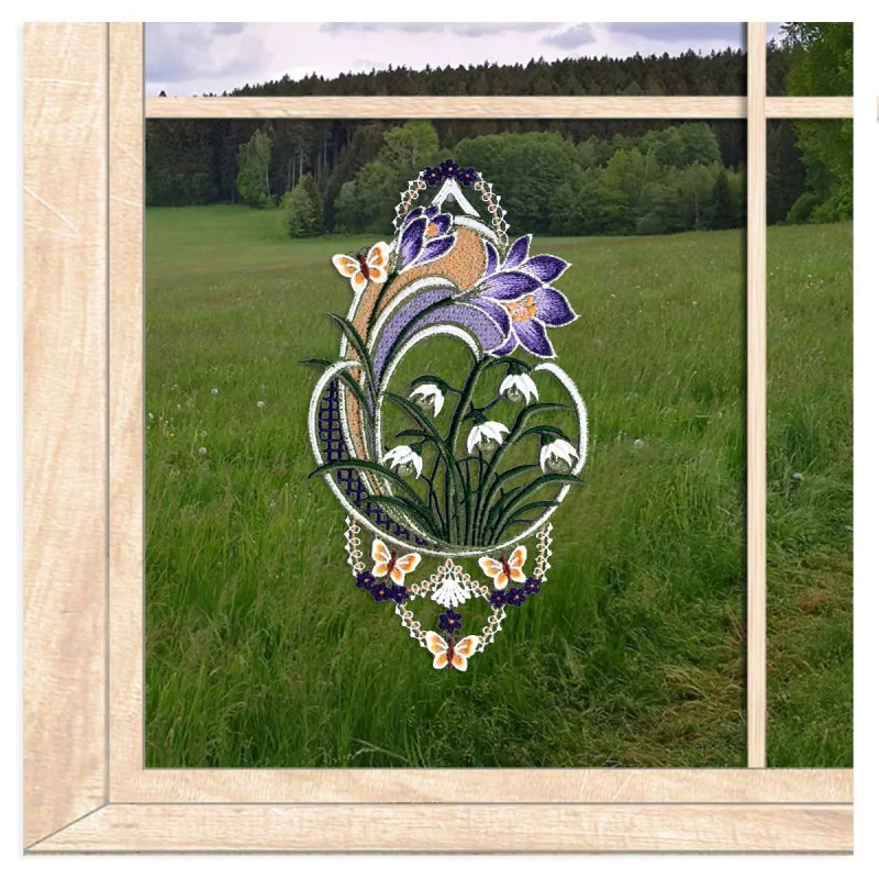 Fensterbild Krokus mit Schneeglöckchen aus Plauener Spitze