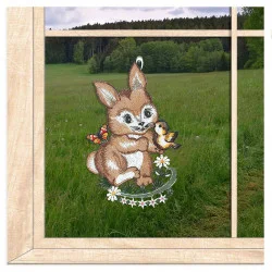 Osterfensterbild Kleiner Hase mit Vöglein aus Plauener Spitze