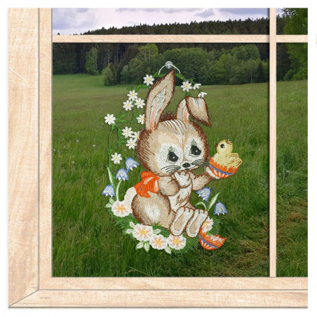 Osterfensterbild Hase mit Küken aus Plauener Spitze