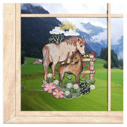 Klassisches Plauener Spitze-Fensterbild Pferde