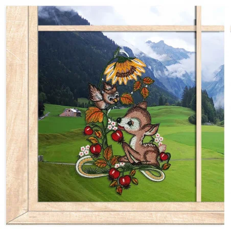 Plauener Spitzenfensterbild Rehkitz mit Eule