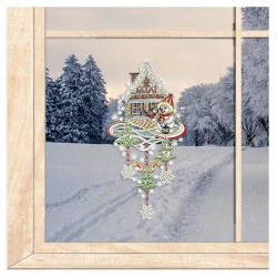 Fensterbild Schneemann vorm Winterhäuschen gold