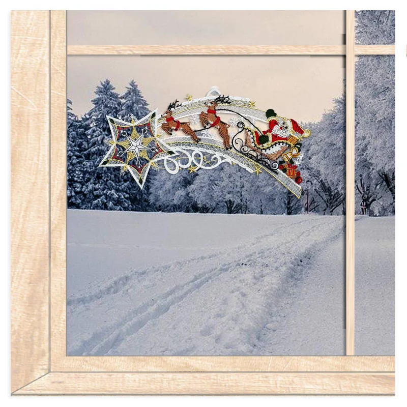 Fensterbild Sternenschweif mit Schlitten aus Plauener Spitze