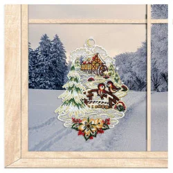 Plauener Spitzen-Fensterbild Wassermühle im Winterwald