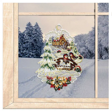 Plauener Spitzen-Fensterbild Wassermühle im Winterwald