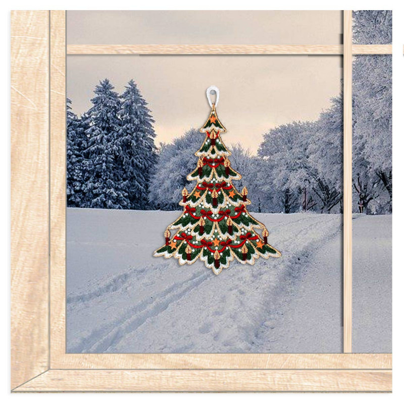 Weihnachts-Fensterbild Geschmückter Baum aus Plauener Spitze