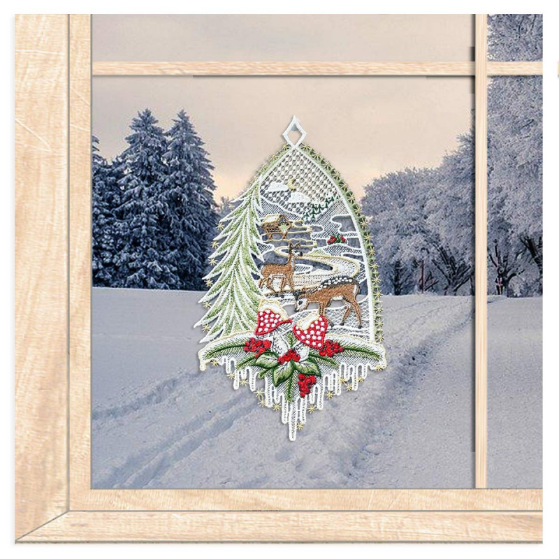 Winterfensterbild Rehe mit Fliegenpilzen aus Plauener Spitze