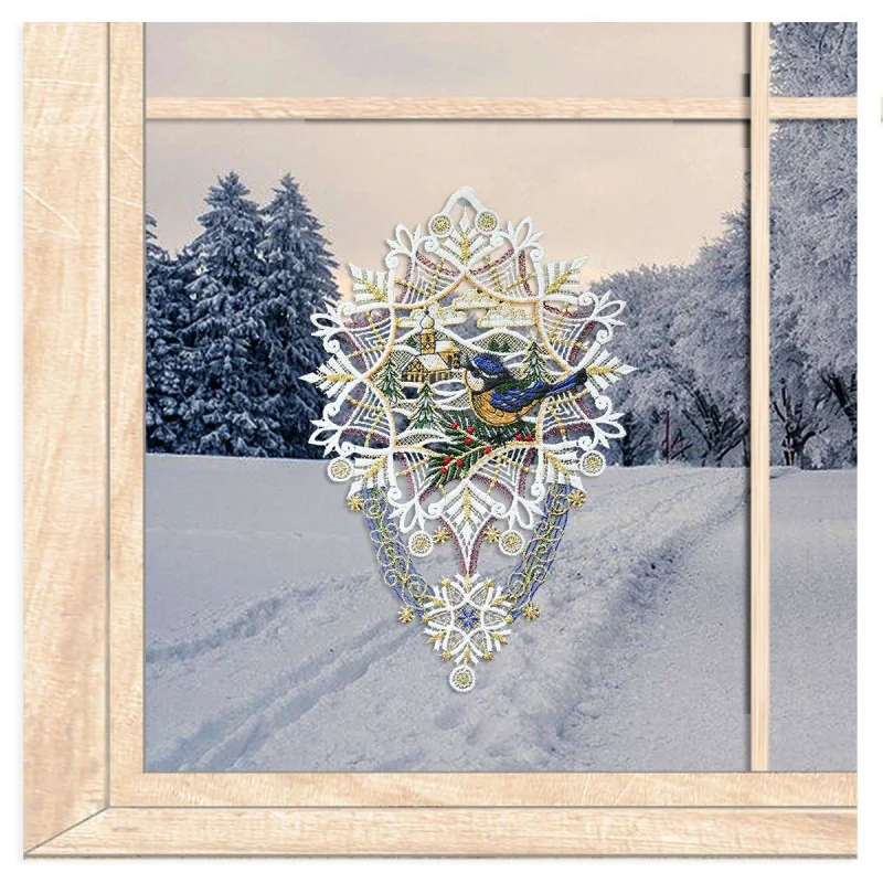 Winterfensterbild Stern mit Blaumeise und Kirche aus Plauener Spitze