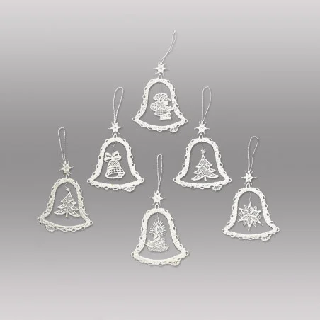 Festliche Anhänger Glocken Baumbehang aus Plauener Spitze als 6er Set