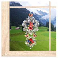 Fensterbild Zwei Medaillons mit Blütenstrauß aus Plauener Spitze