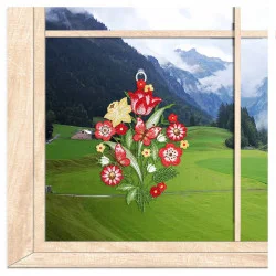Plauener Spitze-Fensterbild Narzissen mit Tulpen
