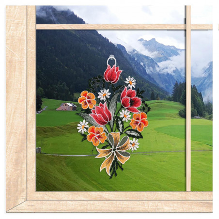 Plauener Spitzenfensterbild Tulpen mit Stiefmütterchen
