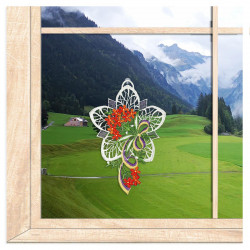 Am Fenster dekoriert: Gesticktes Plauener Spitze Fensterbild Blütenstrauß mit orangefarbenen Freesien.