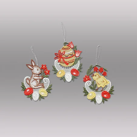 Kleine Osteranhänger in rot Baumbehang aus Plauener Spitze