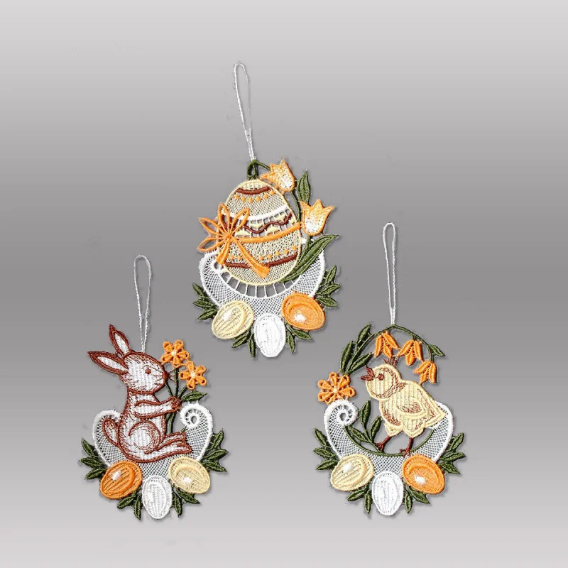 Kleine Osteranhänger in orange Baumbehang aus Plauener Spitze