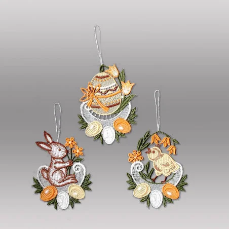 Kleine Osteranhänger in orange Baumbehang aus Plauener Spitze