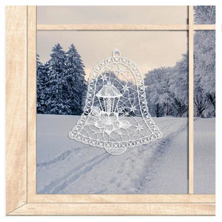 Zartes Fensterbild Glocke mit Laterne aus Plauener Spitze