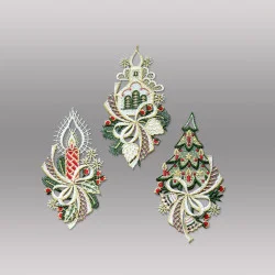 Elegante kleine Fensterbilder Baum, Kerze und Kirche aus Plauener Spitze