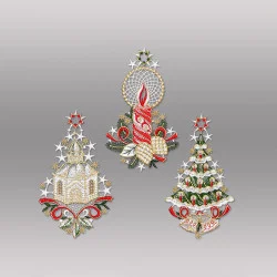 Festliche Anhänger Baum, Kerze und Kirche aus Plauener Spitze