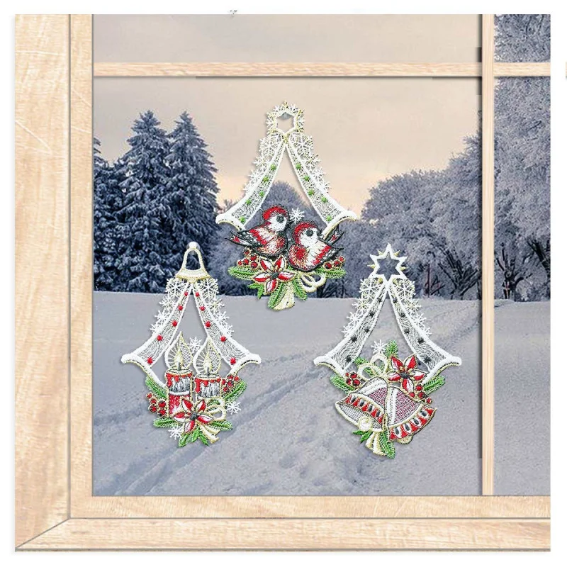 Kleine Fensterbilder Vögelchen, Kerzen und Glocken aus Plauener Spitze