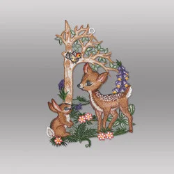 Fensterbild Rehlein mit Hase aus Plauener Spitze