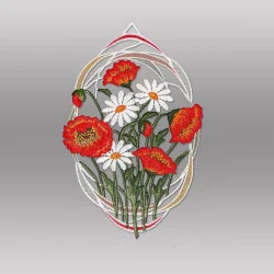 Fensterbild Margeriten und Mohnblumen aus Plauener Spitze