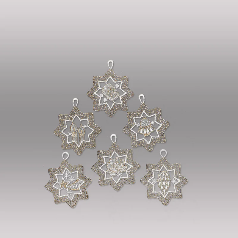 Baumbehang Gefüllte Sterne in weiß-gold aus Plauenr Spitze 6er Set