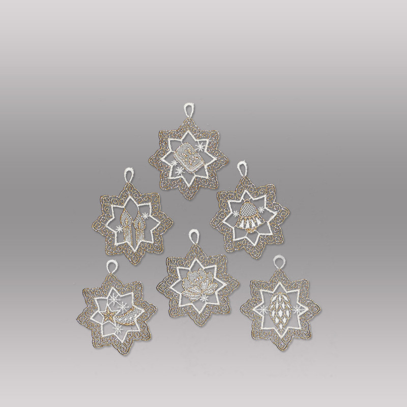 6er-Set Gefüllte Sterne aus Plauener Spitze in Weiß und Gold als elegante Heimtextilien-Weihnachtsdeko.