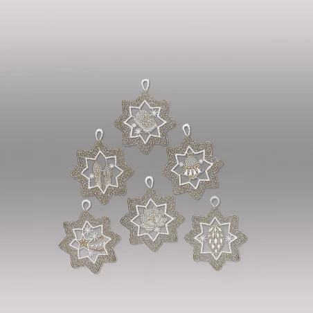 Baumbehang Gefüllte Sterne in weiß-gold aus Plauenr Spitze 6er Set