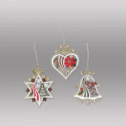 Baumbehang Stern, Herz und Glocke aus Plauener Spitze