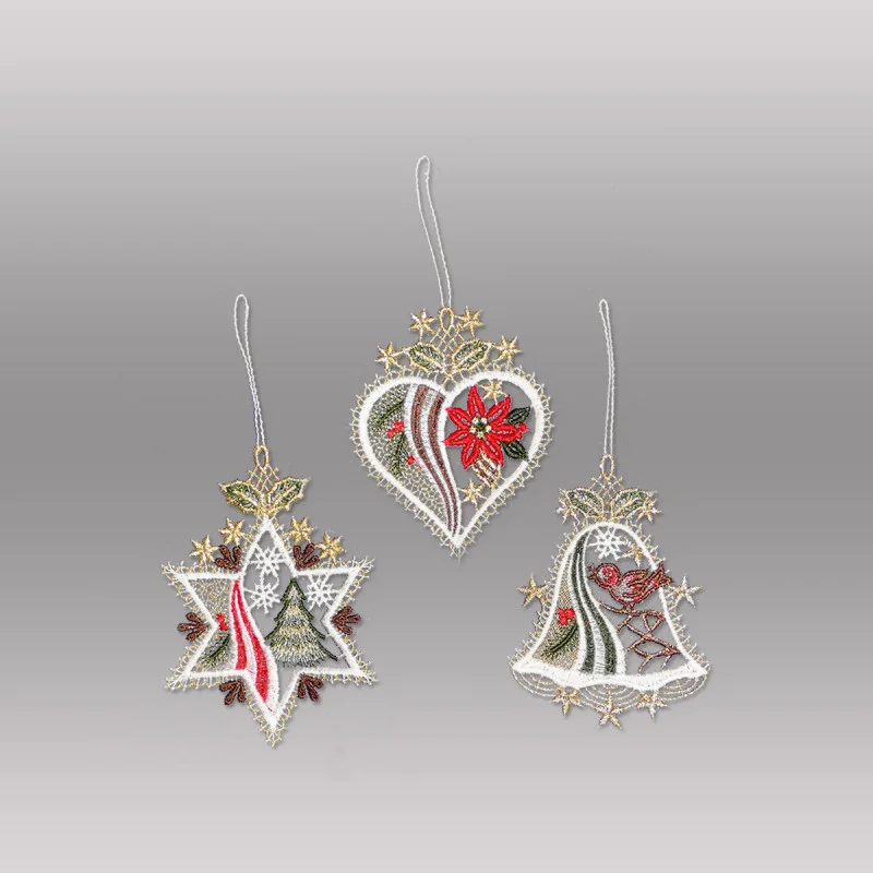 Baumbehang Stern, Herz und Glocke aus Plauener Spitze