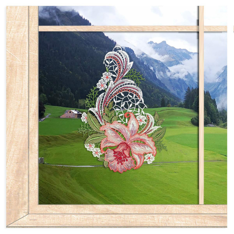 Fensterbild Orchidee in lachs aus Plauener Spitze