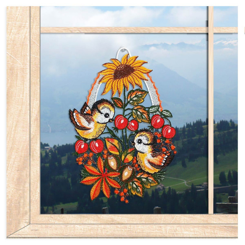 Plauener Spitzenfensterbild Vögelchen mit Sonnenblume