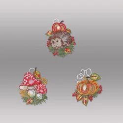 Kleine Fensterbilder Igel Fliegenpilz und Kürbis aus Plauener Spitze