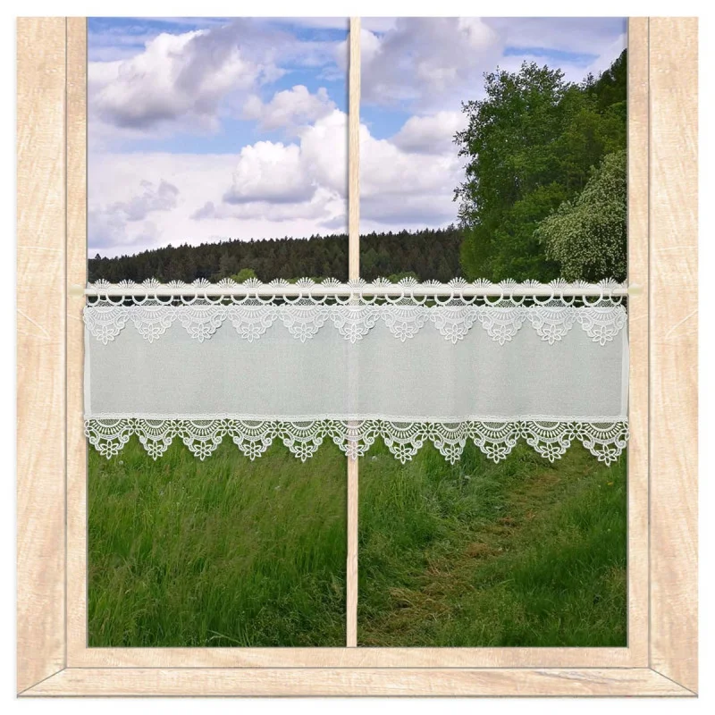 Weiße Landhausgardine Marie mit Plauener Spitzenkanten 25 cm hoch