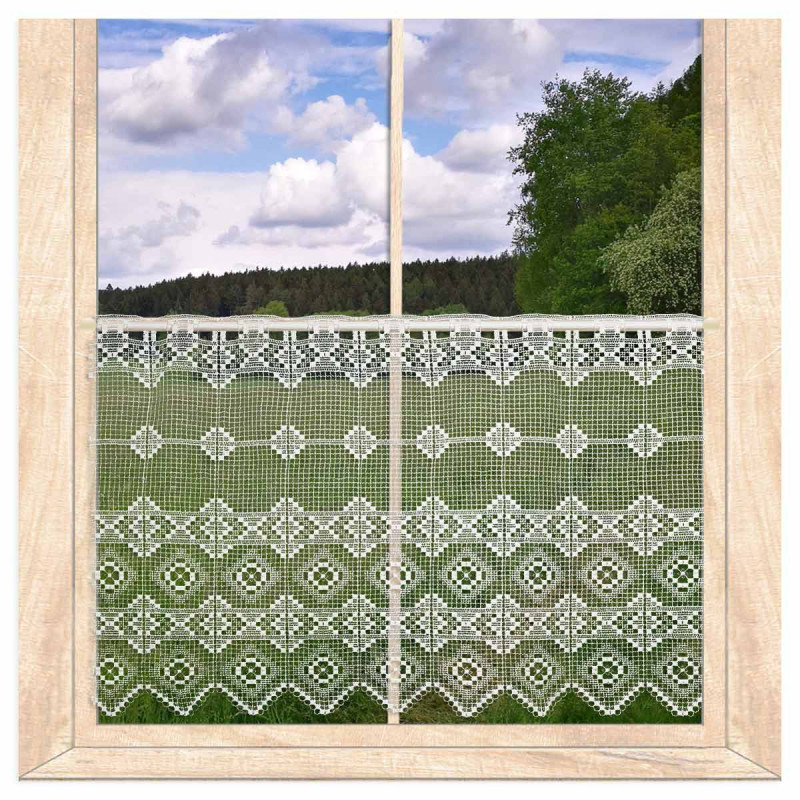 Plauener Spitze Scheibengardine im Fenster mit Blick ins Grüne für gemütlichen Landhaus-Stil.
